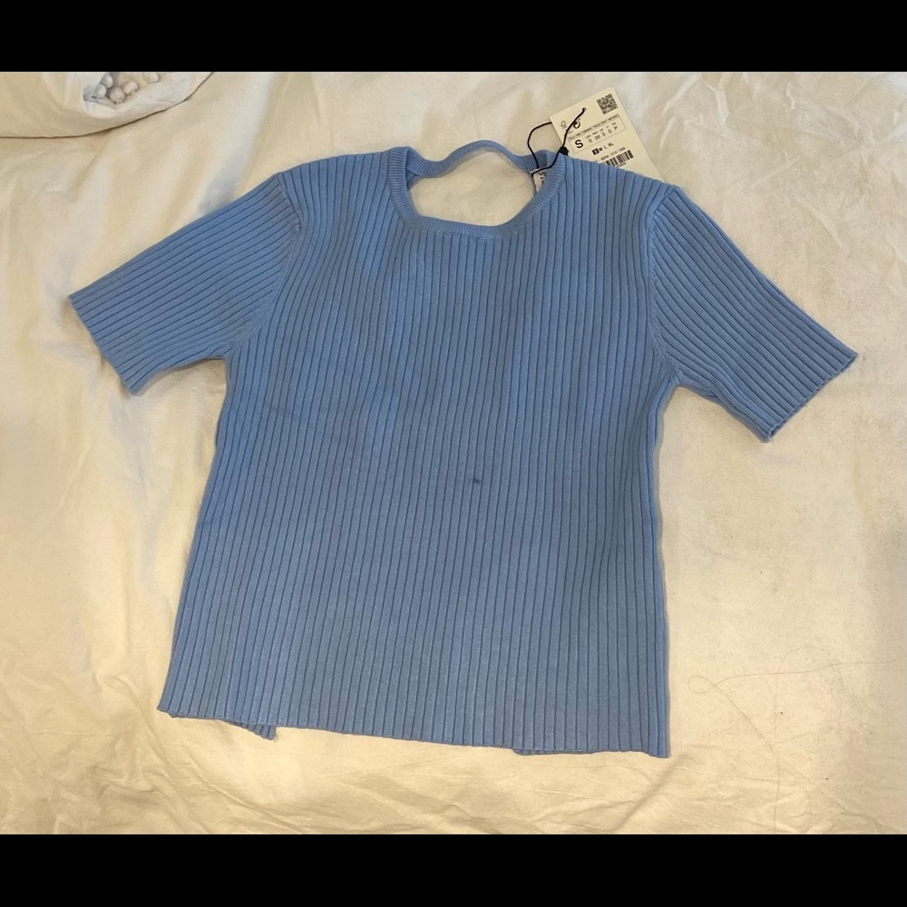 Baby blue open back Zara top
